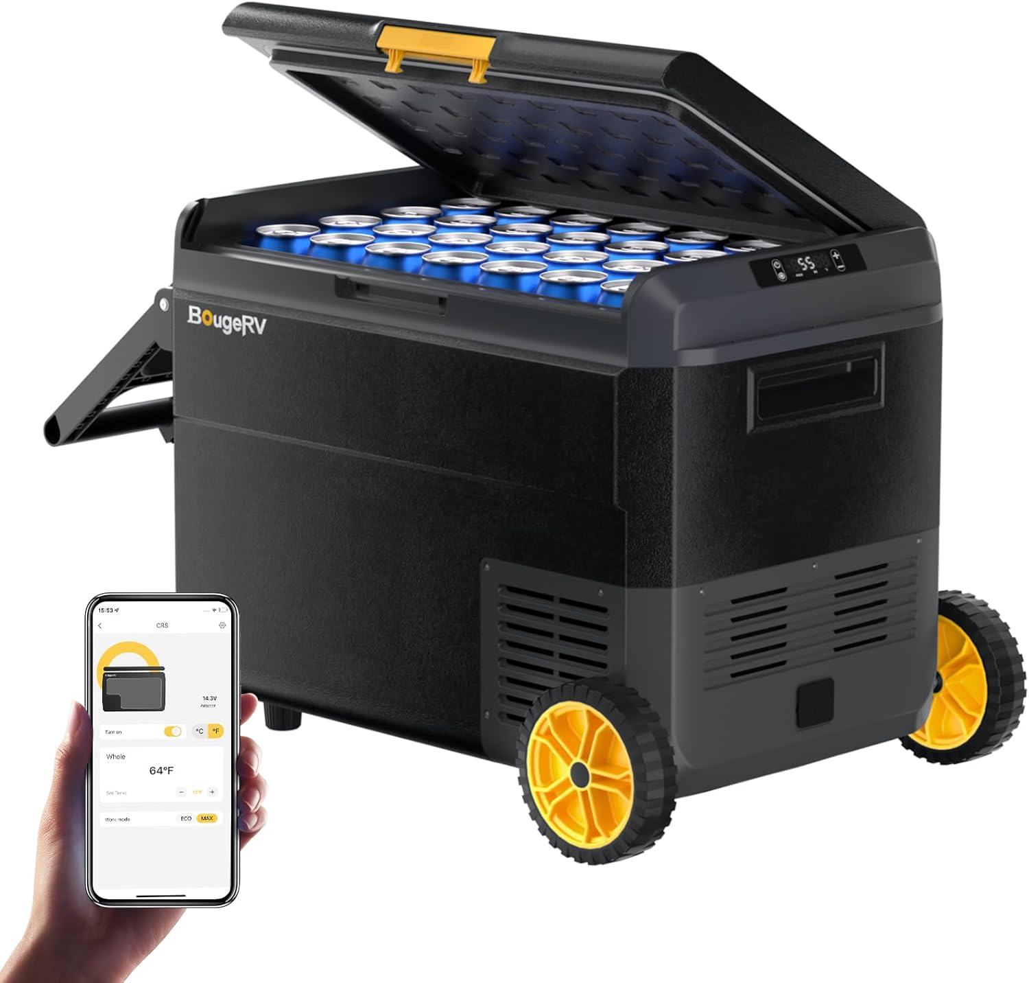BougeRV CRS 50L Kompressor Kühlbox mit Griff Rollen Auto Kühlbox 12V 230V mit APP Steuerung Integrierter Korb, Gefrierbox Camping Kühlschrank Elektrisch IPX4 wasserdicht für Reisen Boot Angeln -20℃