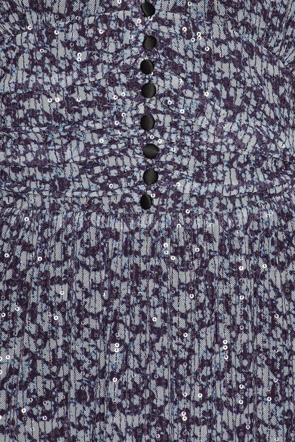 ROTATE Birger Christensen Puff Sleeve Sequin Dress Vibrant floral outline   purple pennant comb.