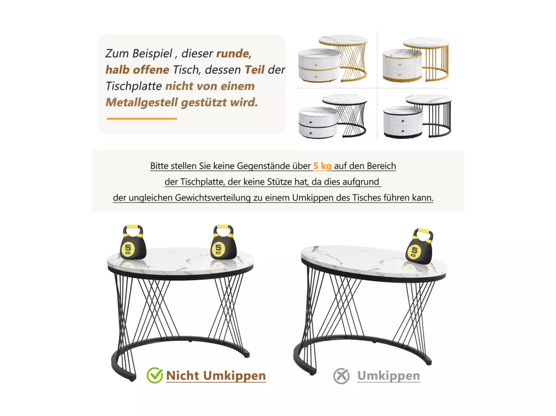 Lot de 2 tables basses gigognes avec 2 tiroirs - 60 x 60 x 45.5 cm + 50 x 50 x 32 cm - Aspect marbre brillant - MDF - Or et blanc