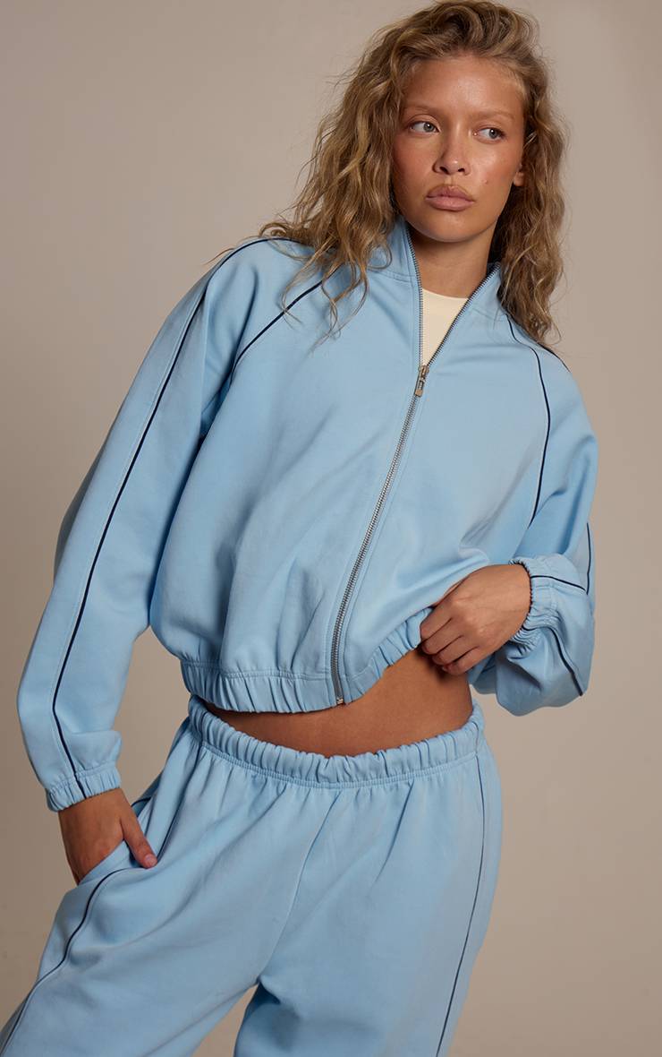 Bleu Jogging Interlock À Jambes Larges Avec Passepoil Contrasté