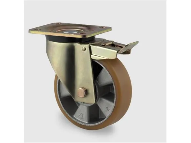 Drejeligt hjul m/ bremse, polyuretan, Ø200 mm, 800 kg, DIN-kugleleje, med plade Byggehøjde: 240 mm.