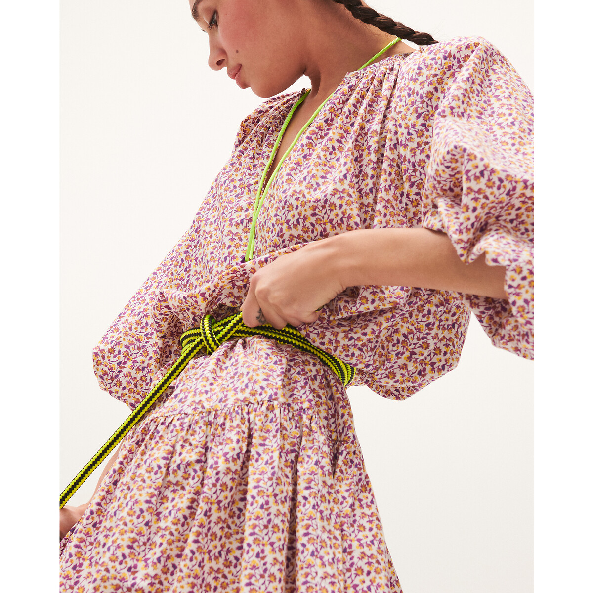COLEÇÃO LA REDOUTE<br>Vestido com estampa de bandeira, decote redondo, mangas bufantes 3/4, estampado