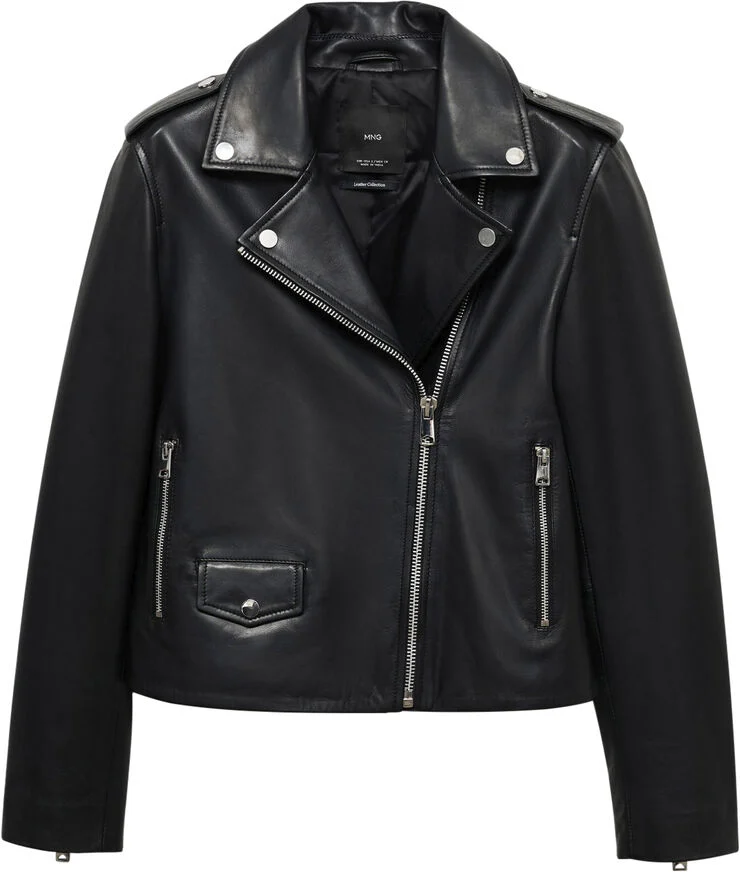 MANGO Leather biker jacket Black