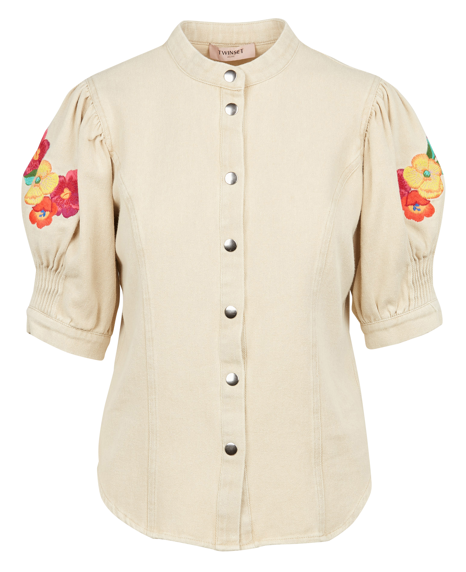 Chemise col rond brodée en coton | Beige