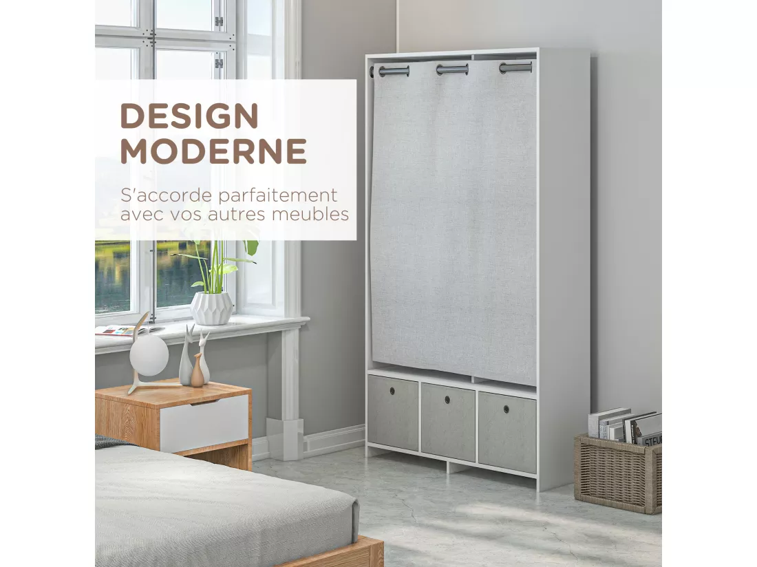 Vestiaire d'entrée - barre de penderie, 3 niches, 3 tiroirs tissu, rideau - panneaux blanc polyester lin gris clair