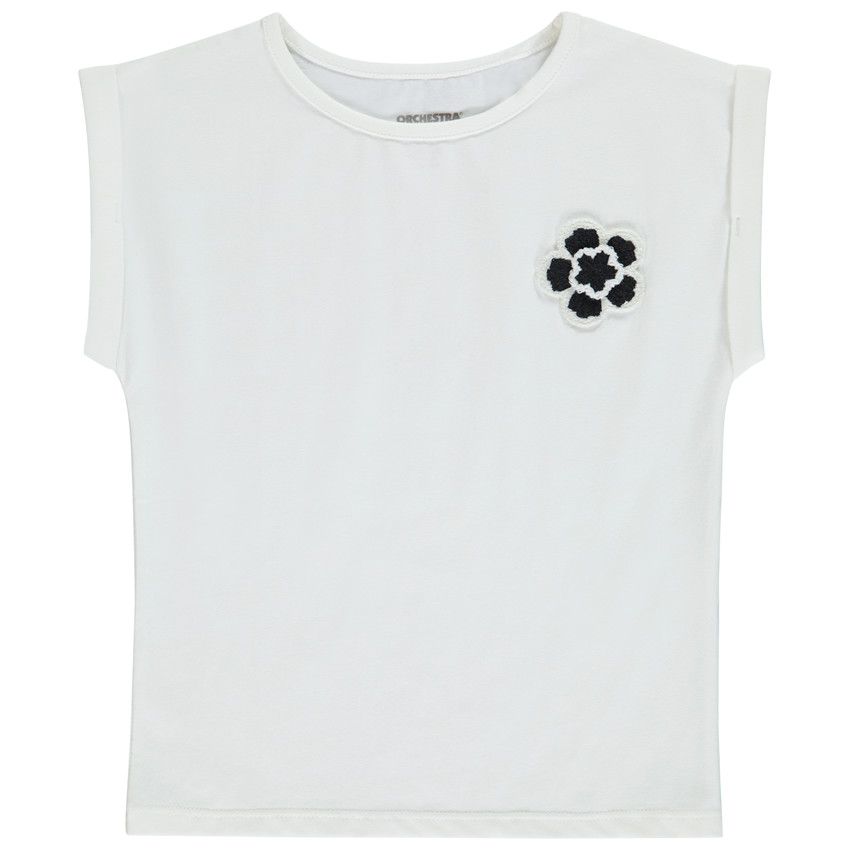 T-shirt manches courtes patch fantaisie fleur en crochet pour fille - Ecru