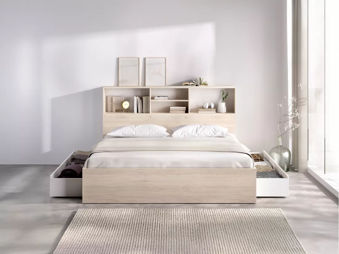 Lit 140 x 190 cm avec rangements - Coloris : Naturel et blanc + Sommier + Matelas - VARDIEL