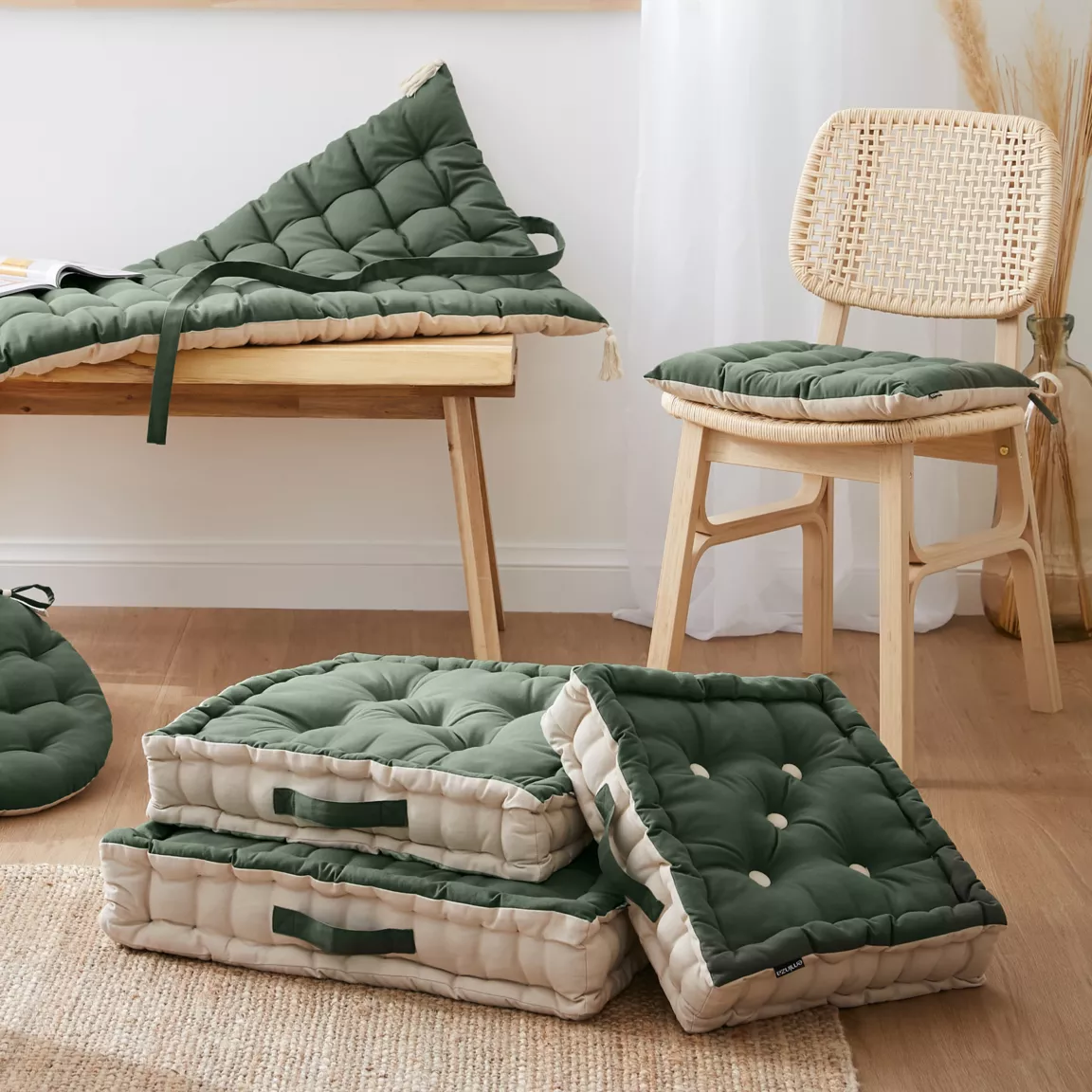 Coussin de sol carré coton (50 x 50 cm) Pixel Bicolore Vert kaki / beige
