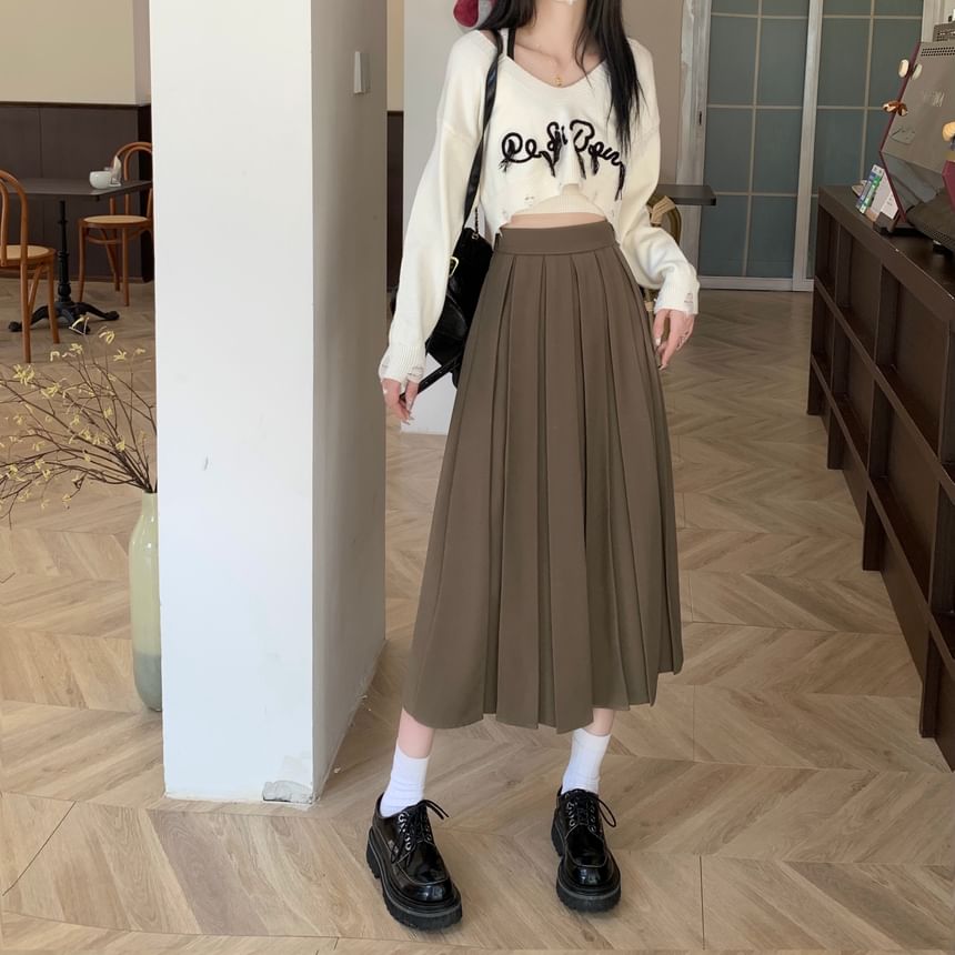 Shinsei - Hoge taille effen accordeon geplooide midi A-lijn rok