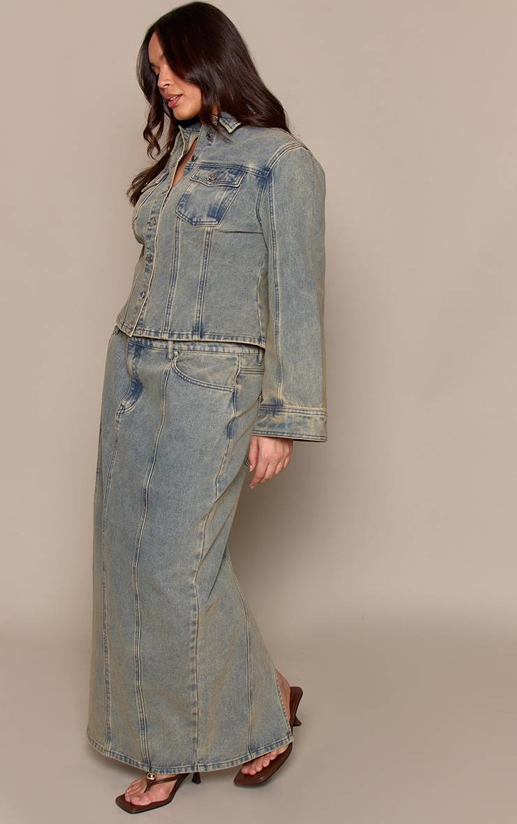 Délavage Vintage Chemise En Denim Grande Taille À Manches Évasées Et Taille Cintrée Bleue