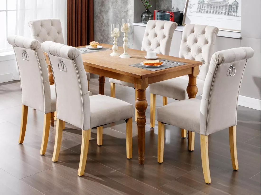 Lot de 6 Chaises en velours avec pieds en chêne - Marron