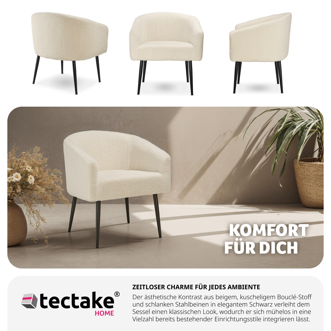 tectake® Sessel, gepolstert, mit Bouclé-Bezug, runde Stahlbeine, 120 kg Belastbarkeit, 68 x 62 x 77 cm
