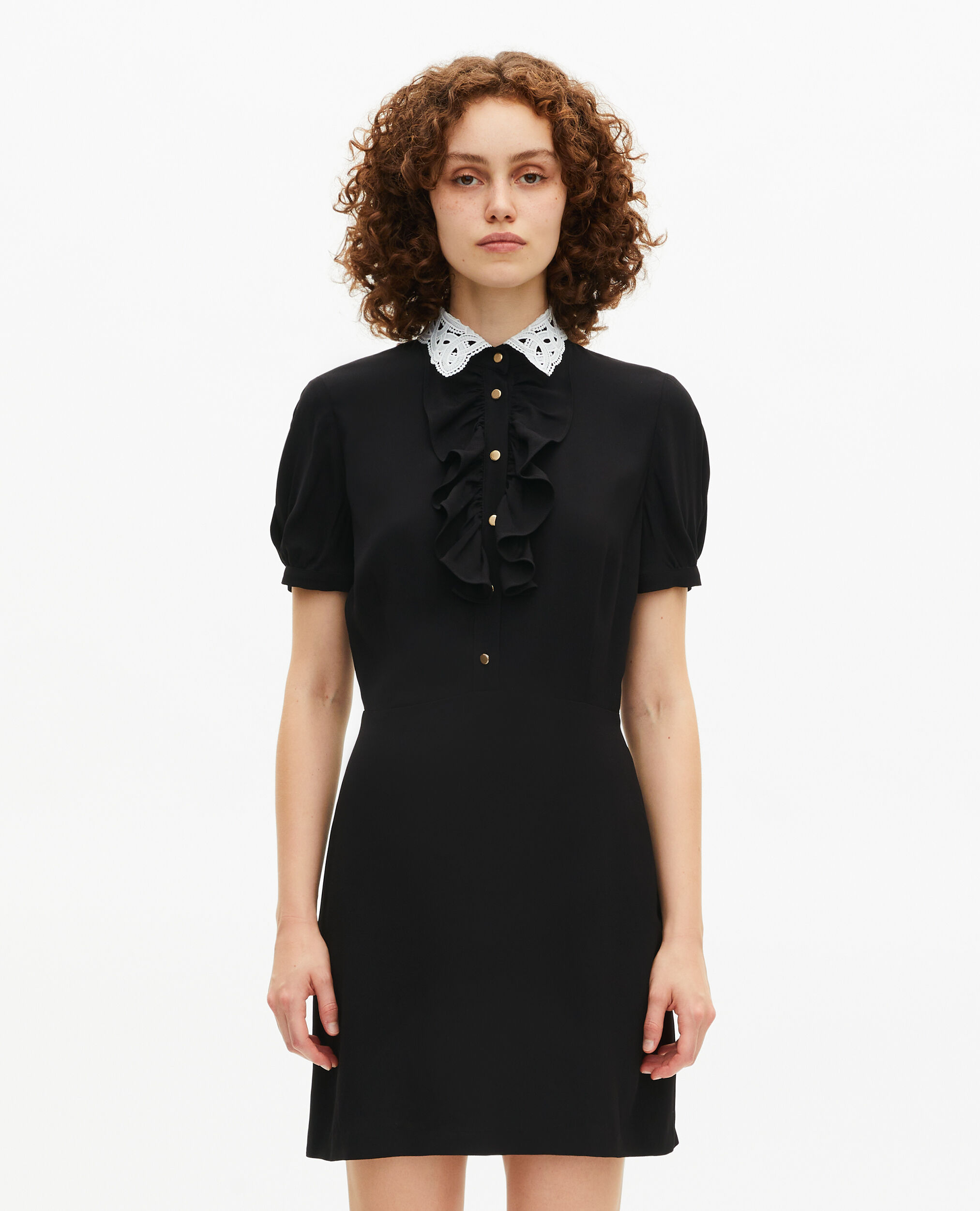 Robe à col brodé contrasté courte noire