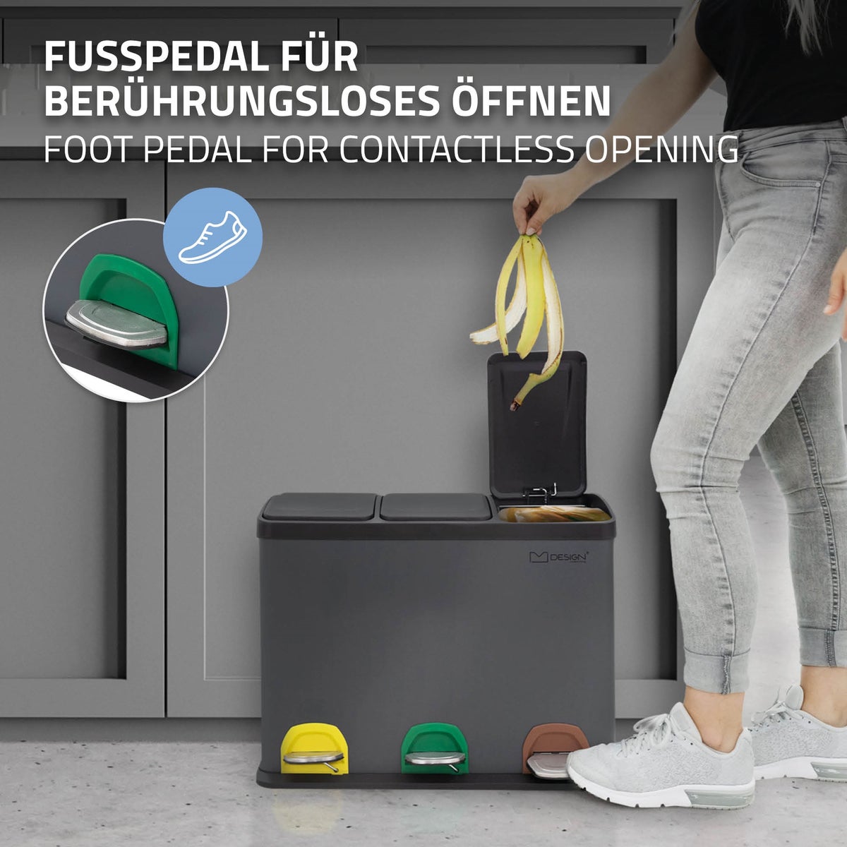 ML-Design Keuken Prullenbak 3x 8L (24L), Antraciet, 3-compartimenten afvalscheidingssysteem, Pedaalemmer voor afvalscheiding, Stalen bak met kunststof binnenemmer en scharnierend deksel, Kleurgecodeerd