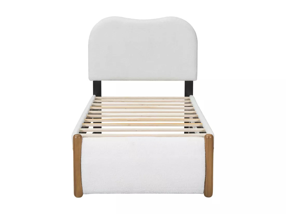 Lit gigogne 90x200cm+90x190cm, lit plat rembourré avec sommier à lattes et tête de lit, tissu peluche, blanc