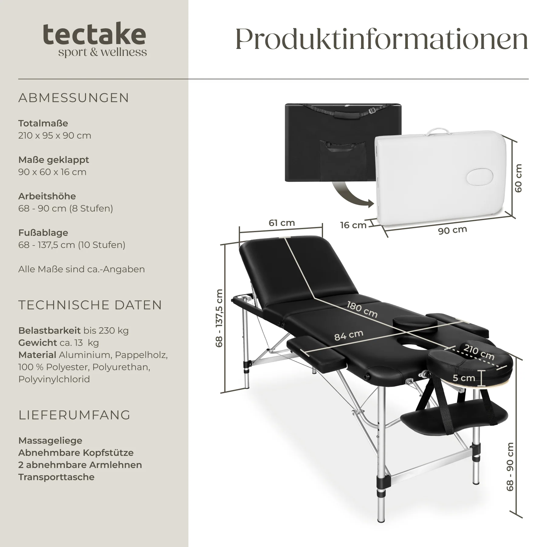 tectake® 3 Zonen Massageliege, mit Aluminiumgestell, verstellbare Ablagen für Kopf und Arme, 210 x 95 x 68 - 90 cm