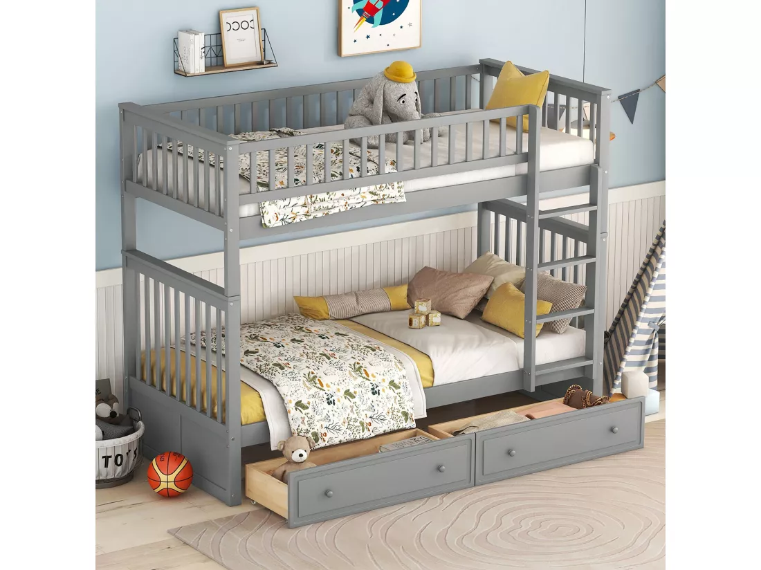 Lit Mezzanine Enfant 90 X 200 cm En Pin - Lits Superposés Avec 2 Tiroirs - Gris