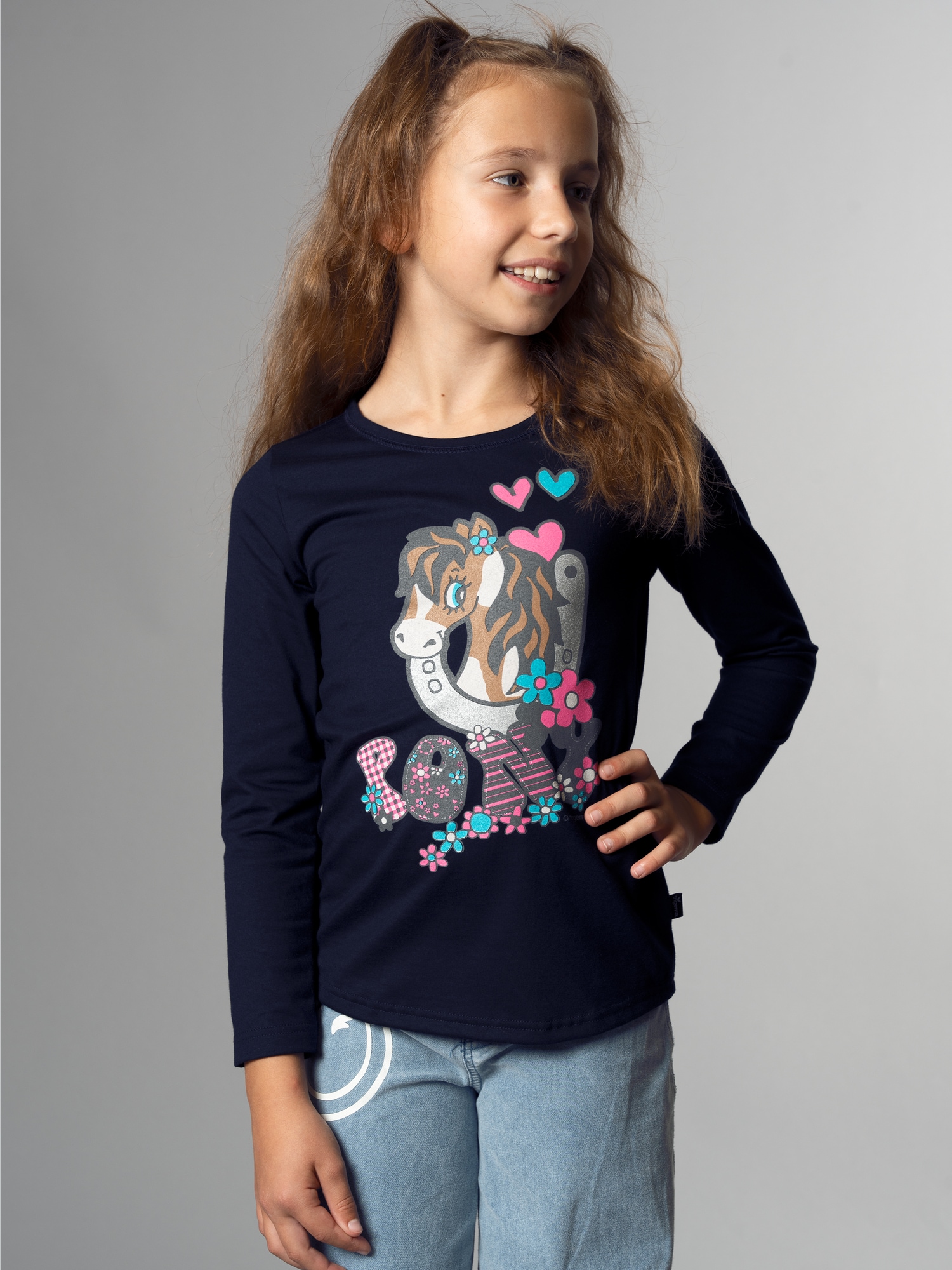 Langarmshirt mit süßem Pony-Print Navy