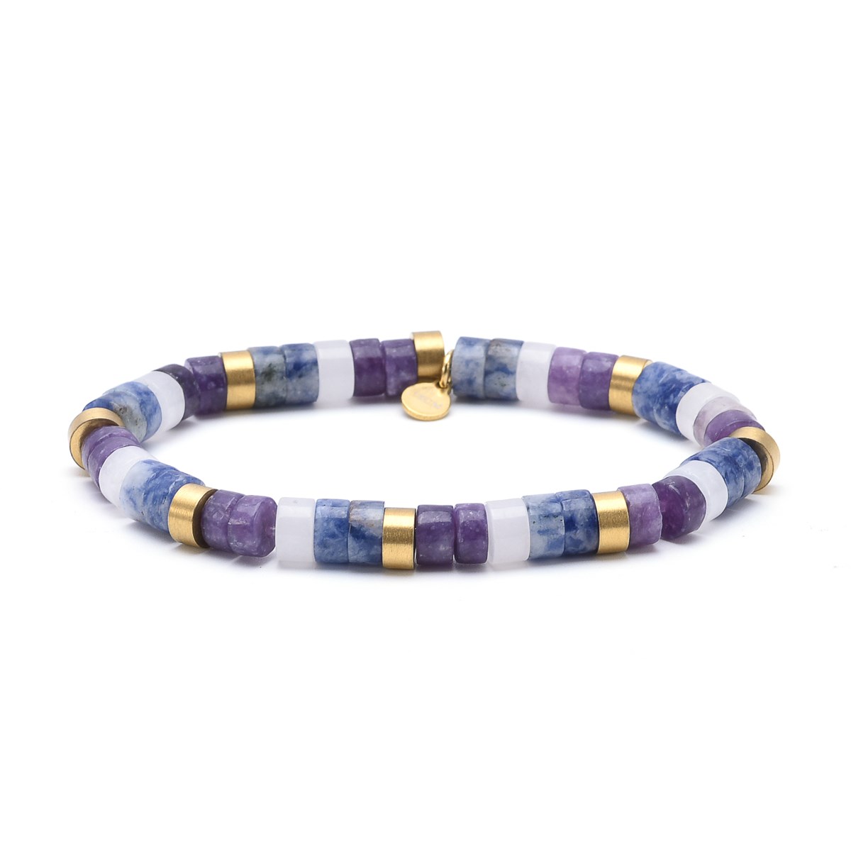 Bracelet Acier Perles Heishi 6mm Améthyste Et Jaspe Blanche Et Bleue-Small-16cm