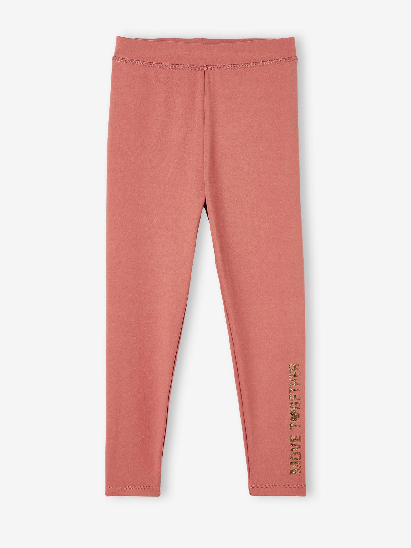 Leggings esportivas lisas rosa claro para meninas com letras metálicas na perna.
