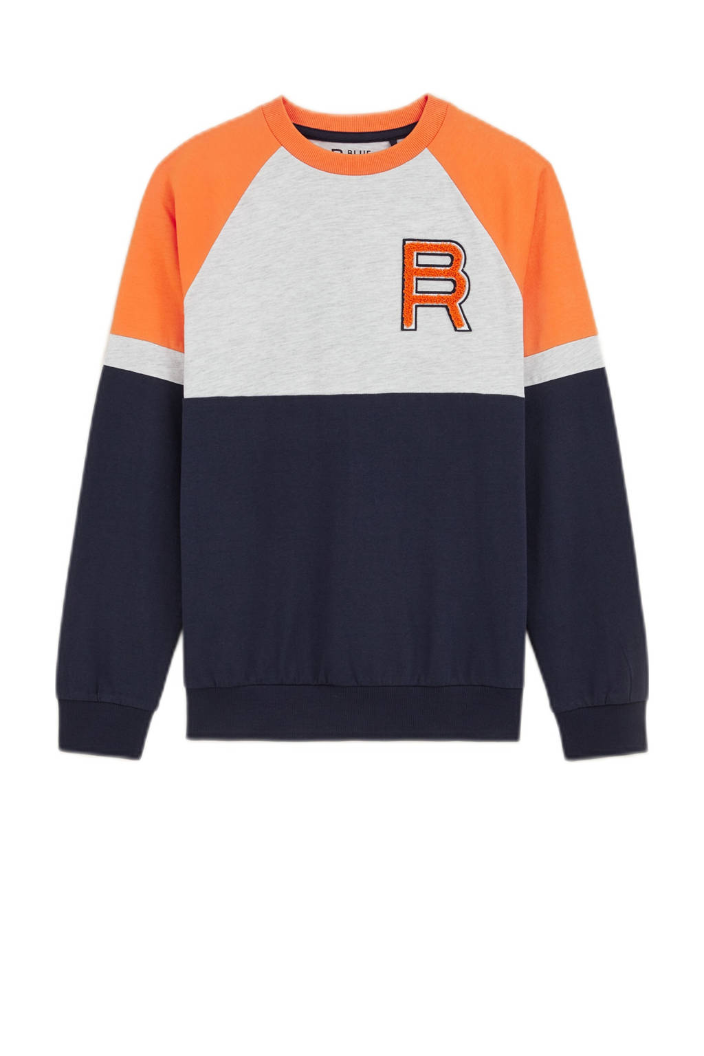 WE Fashion sweater donkerblauw/lichtgrijs/oranje