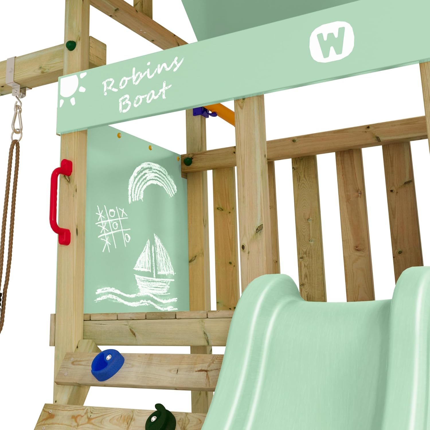 Wickey Spielturm DinkyHouse mit Picknicktisch - pastellgrüne Rutsche & Plane - Kinder Kletterturm für den Garten aus Massivholz - 334x317x247 cm