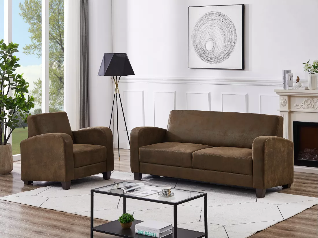 Fauteuil club en microfibre marron aspect cuir vieilli MADIE II