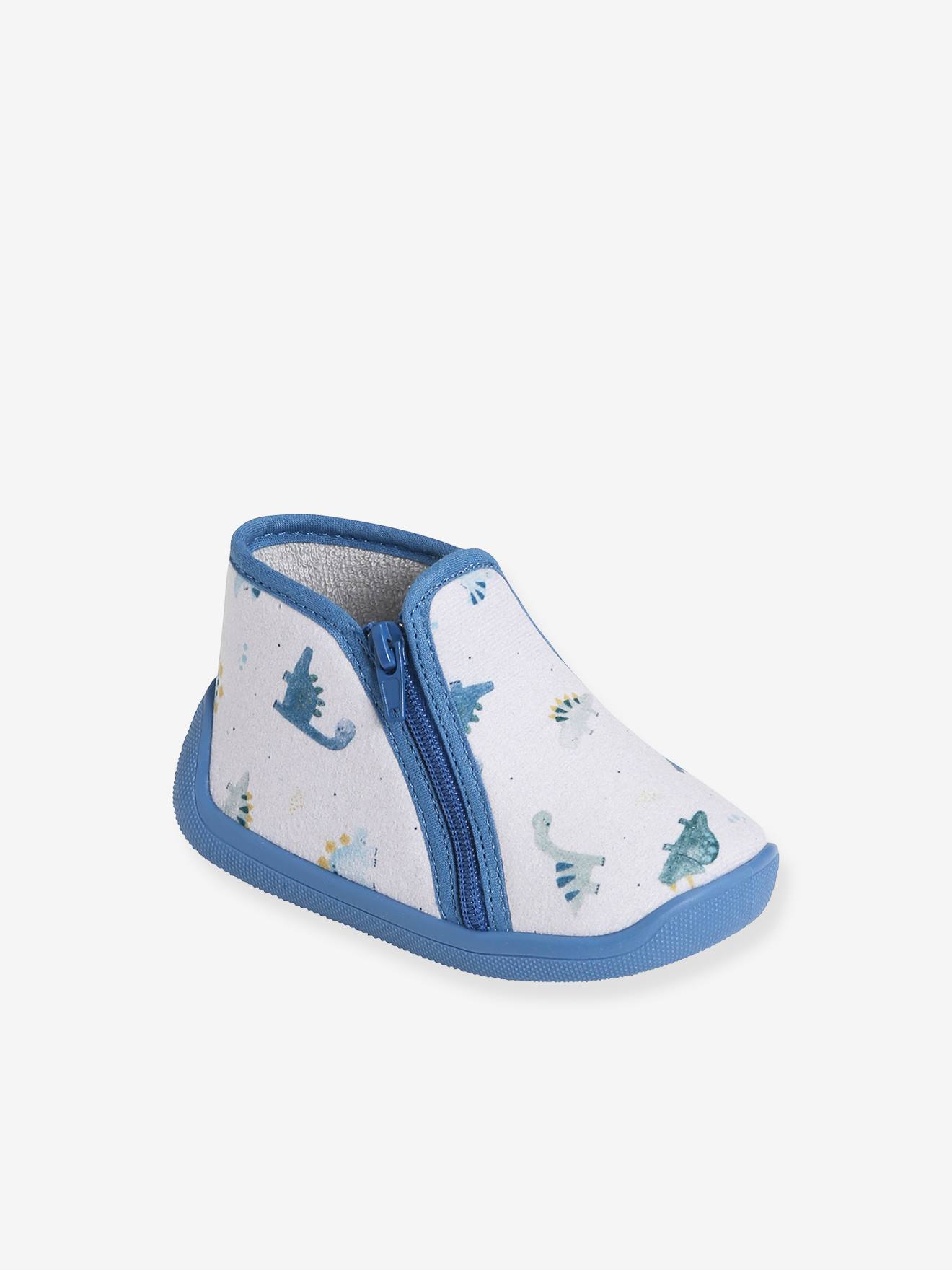 Pantufas de casa com zíper para bebê menino, fabricadas na França, estampa cinza claro