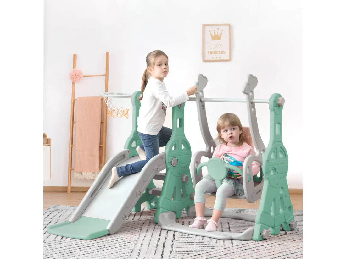 Toboggan 4 en 1 avec balançoire et support de basket-ball pour enfants, échelle d'escalade, pour intérieure et extérieure, vert