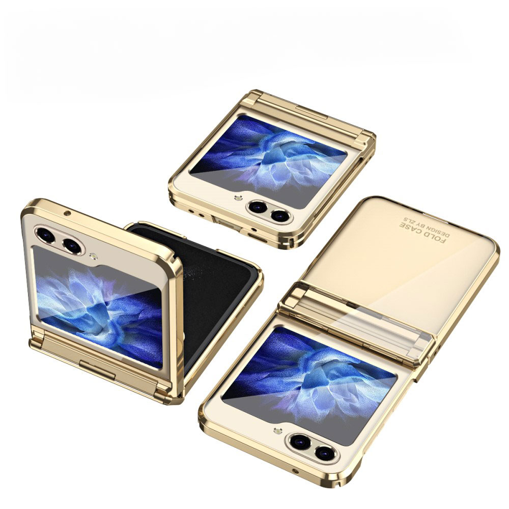Samsung Galaxy Z Flip7 FE / Z Flip6 Hybrid Hardcase Hülle Galvanisierter Rahmen   Scharnier Design - Gold / Transparent