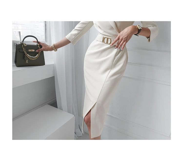 Aurora - 3/4-mouw V-hals effen split midi-jurk