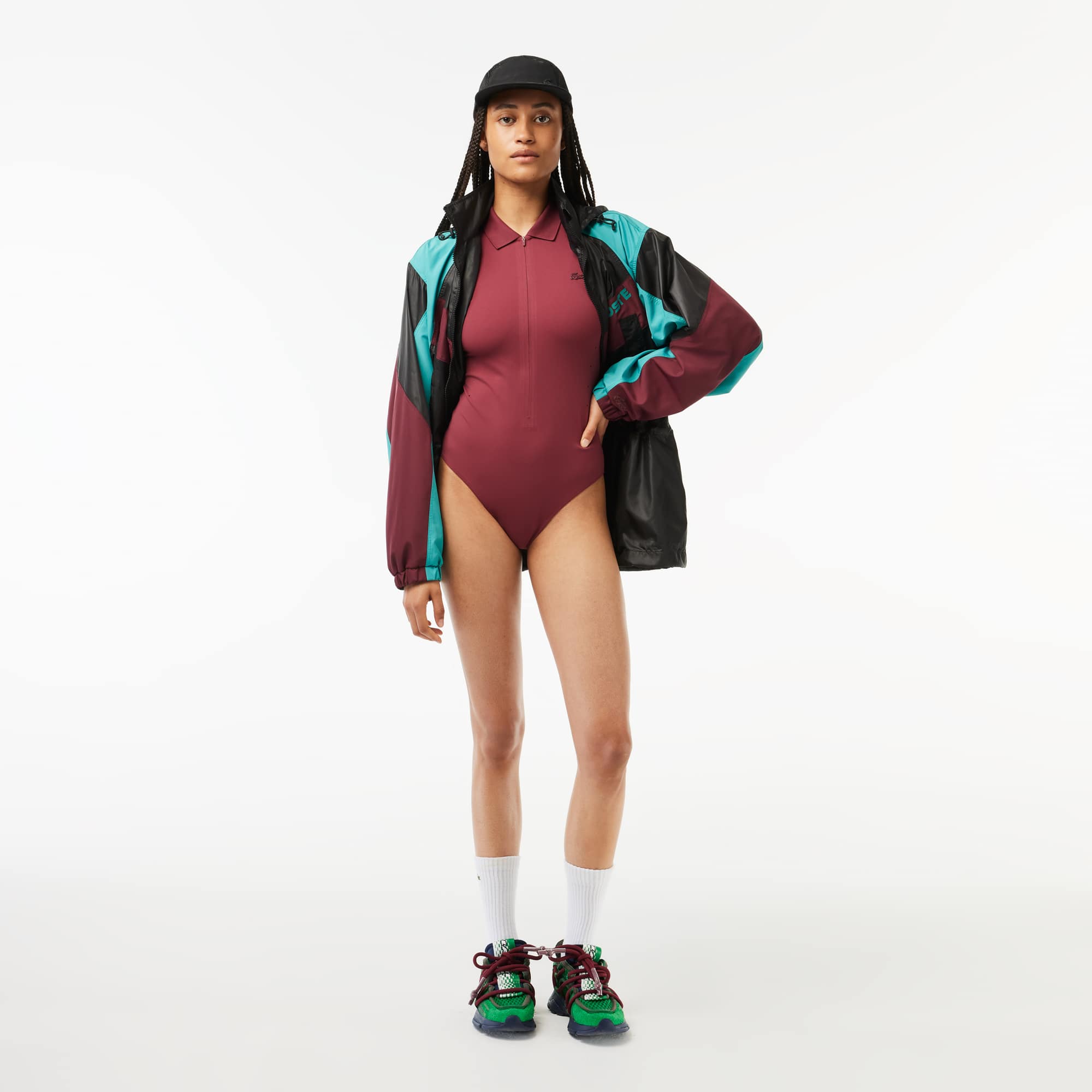 Body femme Lacoste avec col et zip en polyamide recyclé Manches Longues - Rouge - Lacoste - Femme