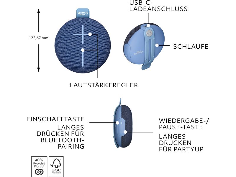 Ultimate Ears Bluetooth Speaker MINIROLL Blau Tragbarer Bluetooth-Lautsprecher