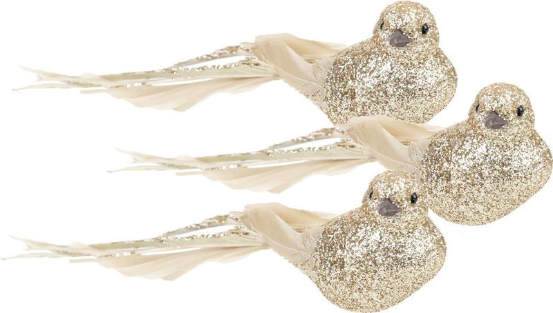 3x stuks kunststof decoratie vogels op clip goud glitter 21 cm - Decoratievogeltjes - Kerstboomversiering