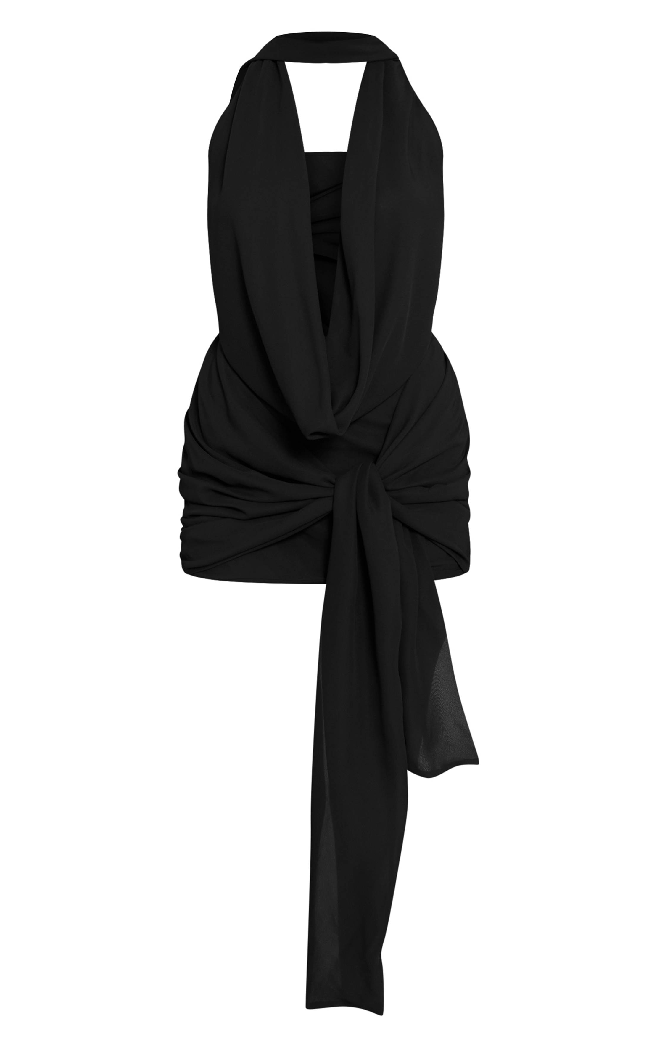 Noir Mini Robe Portefeuille Tissée À Col Licou
