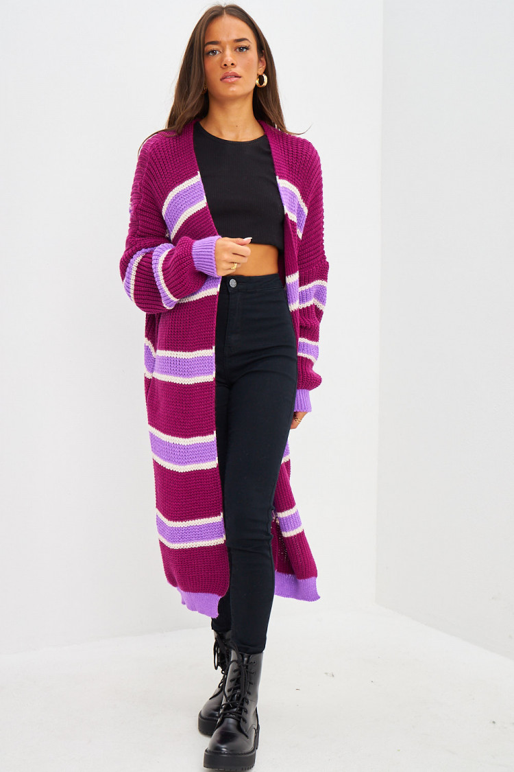 Gilet long aubergine en mailles à bandes violettes