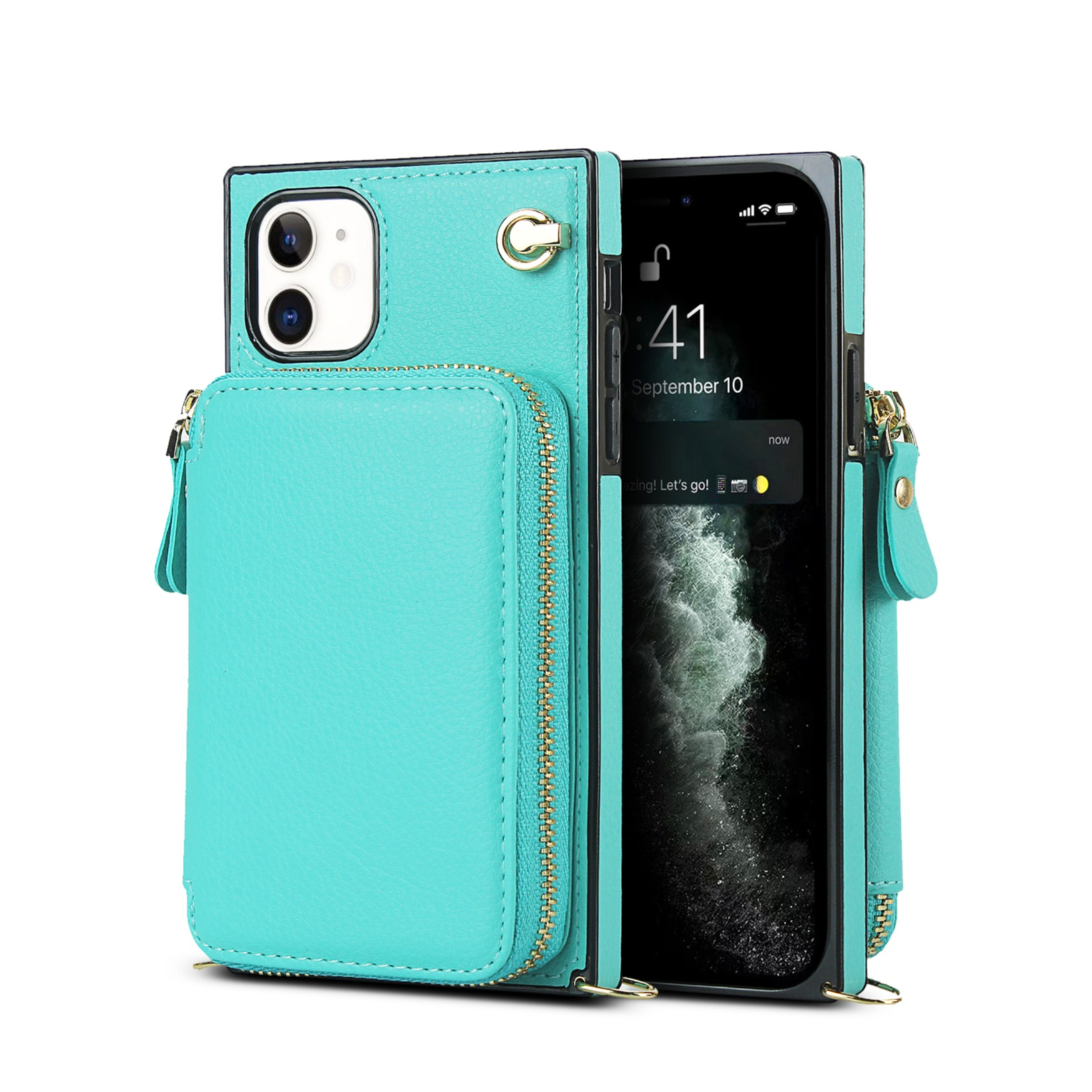 iPhone 11 Necklace Leder Schutz Hülle mit Kartenfächer   Handykette (140cm) - Türkis