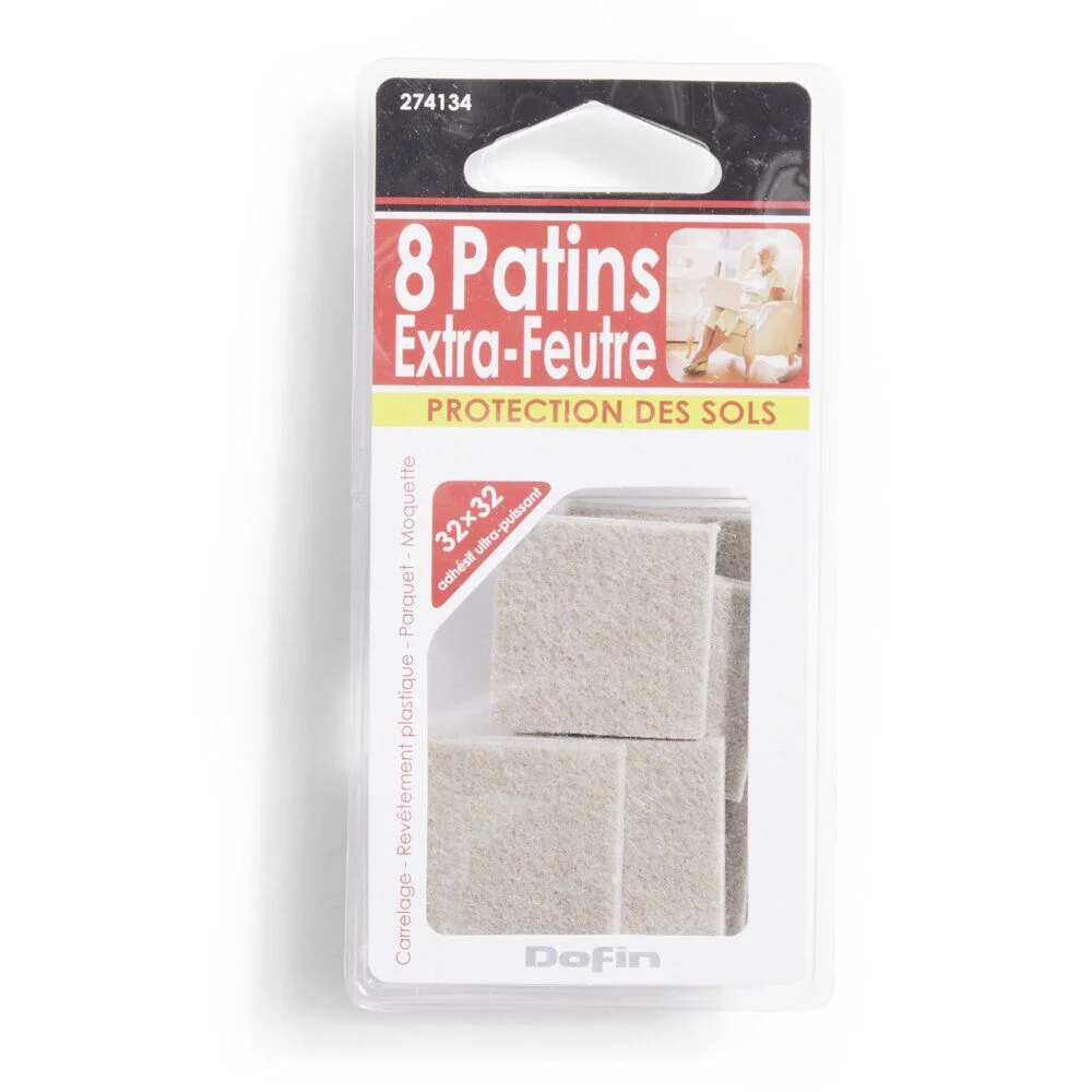 Lot de 8 patins en feutre adhésif ultra puissant - 32x32 mm