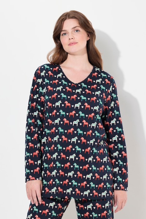 Pyjama-Shirt, Pferde, V-Ausschnitt, Langarm, Biobaumwolle