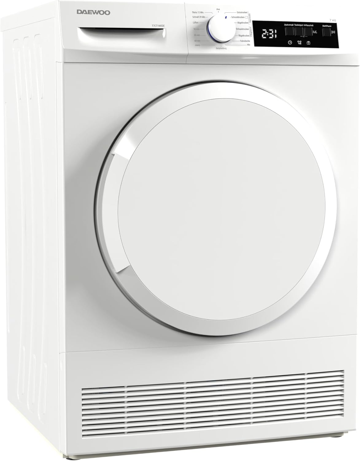 Daewoo T7CT1W0DE Kondenstrockner Frontlader, G, 7 kg, 15 Programme mit 29 Min.-Kurzprogramm, Startzeitvorwahl, LED-Trommelbeleuchtung, Weiß