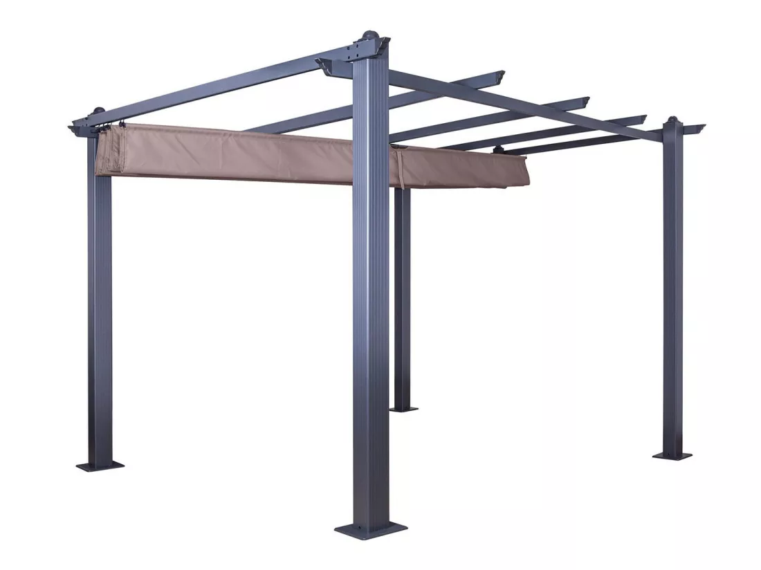 Tonnelle/Pergola aluminium 3x3m toile coulissante rétractable - Gris Taupe - HERO