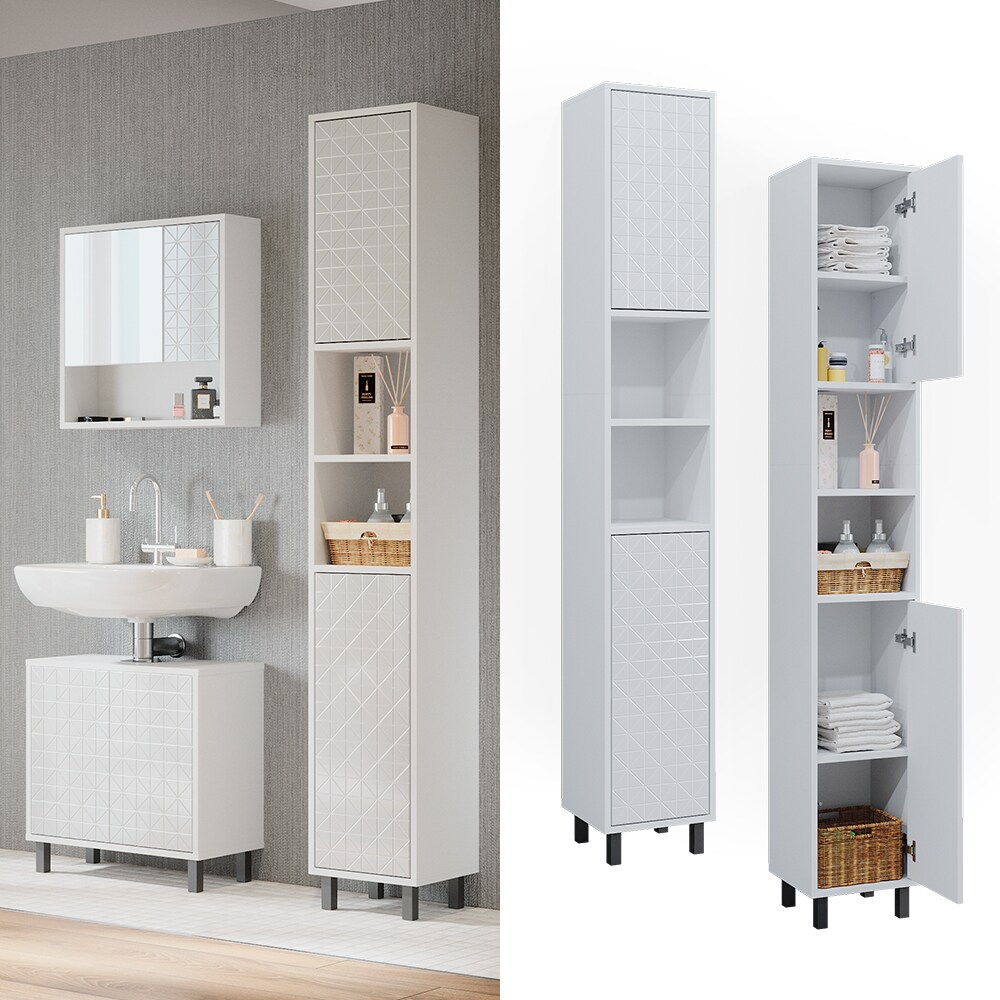 Vicco Hochschrank für Badezimmer Agasta 30cm schlank weiß, Badschrank in 3D Optik