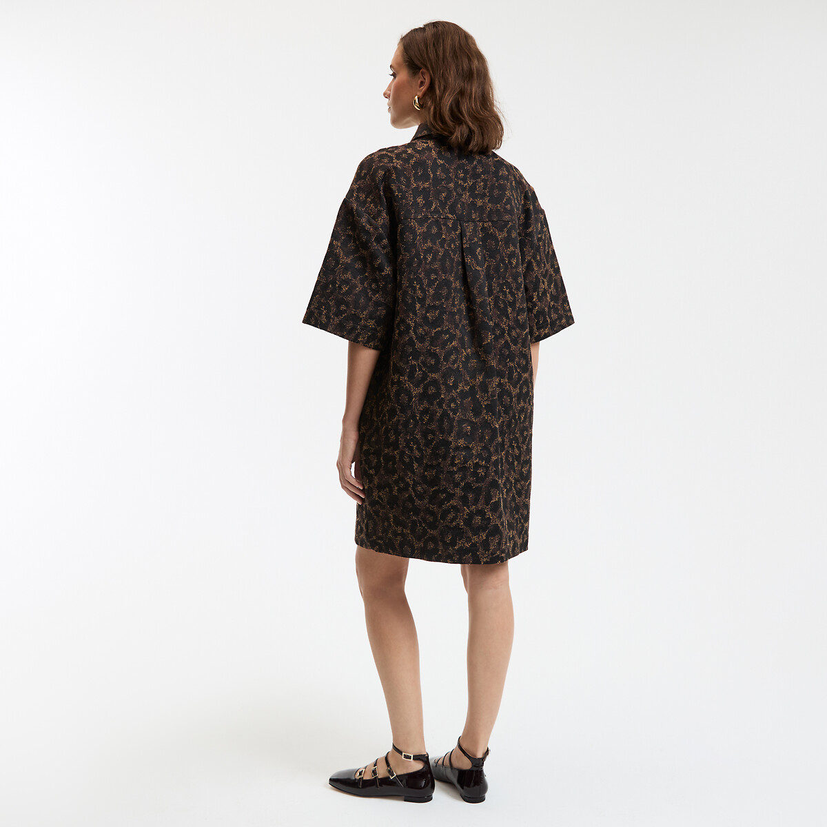 COLEÇÕES LA REDOUTE<br>Vestido curto e solto em jacquard com estampa de leopardo, modelo Signature SARA