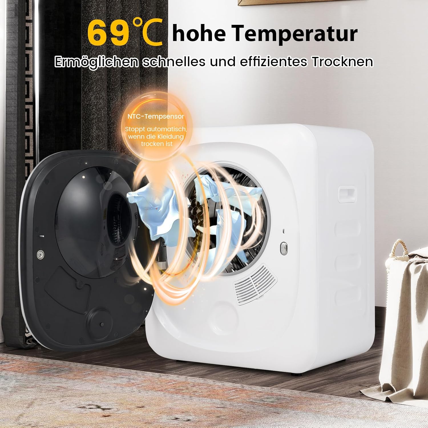 COSTWAY Mini Wäschetrockner 5KG, bis zu 69℃, LED Touch-Screen, Ablufttrockner mit Desinfektion & Desodorierung & Überhitzungsschutz, Mehrfachfiltration, 4 Temperaturen und 6 Timer, 800W
