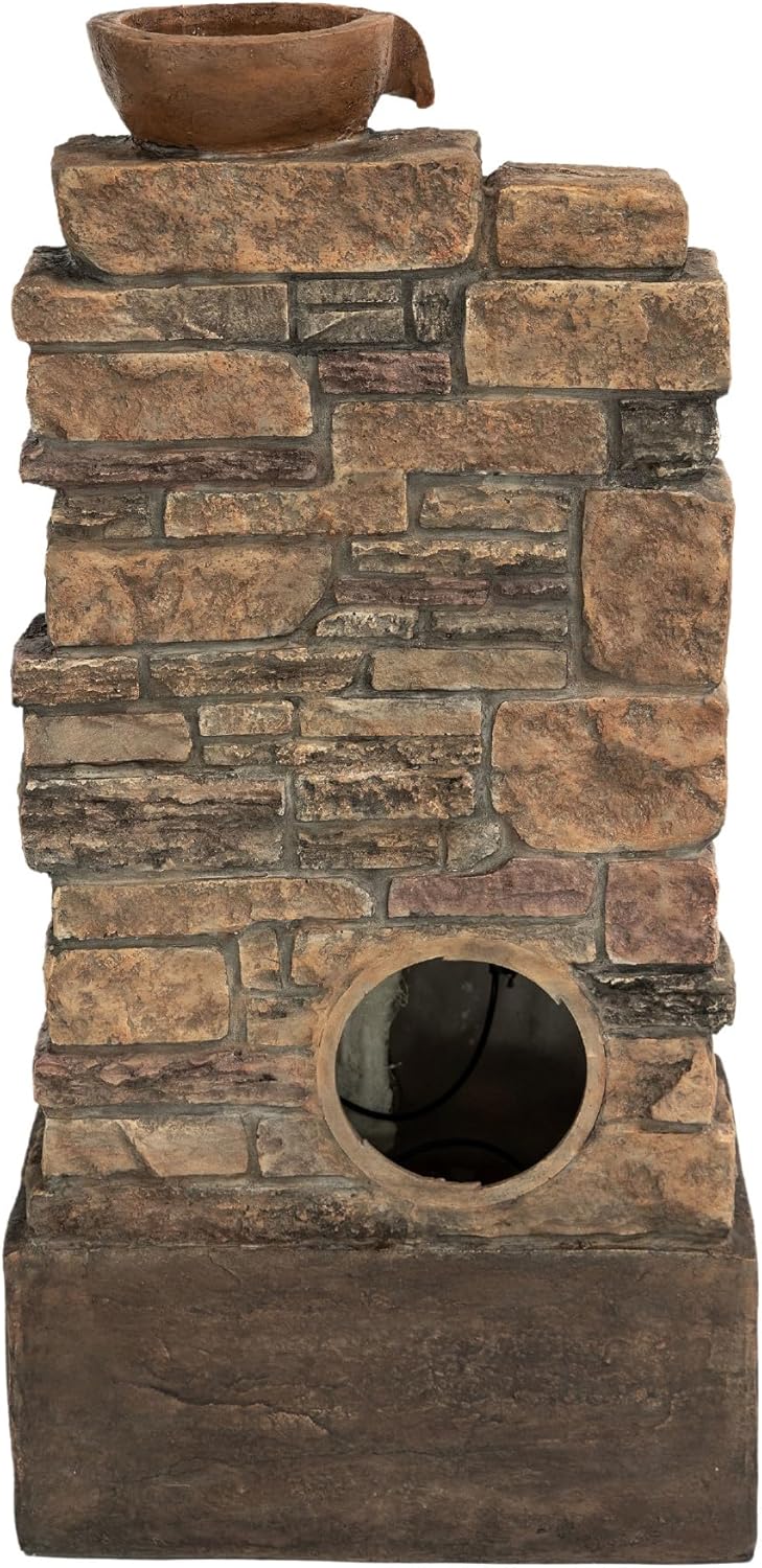 Teamson Home 4 stufiger Steinbrunnen Braun LED Wasserspiel Outdoor