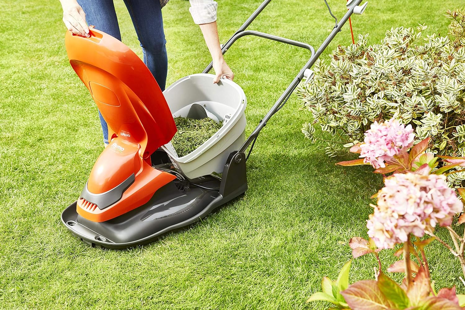Flymo EasiGlide 360 Hover Collect Rasenmäher – 1800-W-Motor, 36 cm Schnittbreite, 26-Liter-Grasauffangkorb, flach zusammenklappbar, 10 m Kabellänge, 9704832-01, Orange/Grau, 36 cm Cutting Width