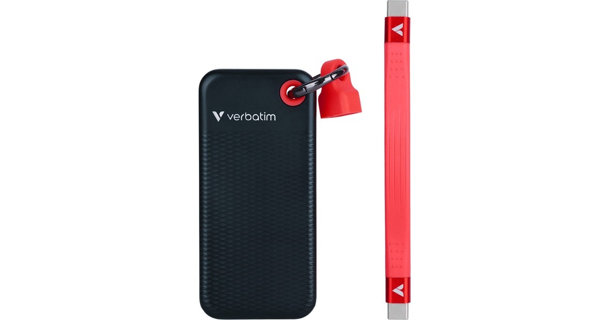 VerbatimPocket 2 TB externe SSD  (Zwart/rood, USB-C 3.2 Gen 2 (10 Gbit/s), Incl. met sleutelhanger en kabelbevestiging)