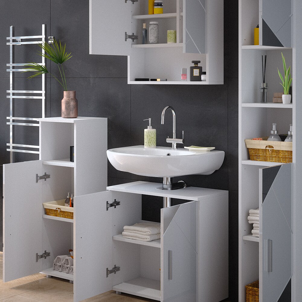 Vicco Badmöbelset mit Dekospiegeln Irma Weiß Hochglanz modern Badezimmerschrank Badschrank Badezimmermöbel Waschtischunterschrank Spiegelschrank Hochschrank Midischrank Schranktür Schrankschublade