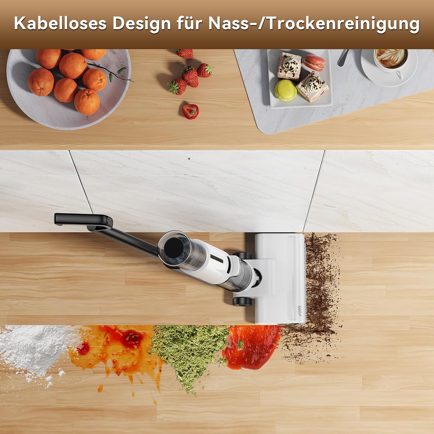 JONR ED12 Lite Nass-Trockensauger Kabellos mit Akku, Wischsauger mit Selbstreinigung, 3-in-1 Saug- und Wischfunktion für Harte Böden & Tierhaare, 1 mm Kantenreinigung, Anti-Verwicklungs-Design