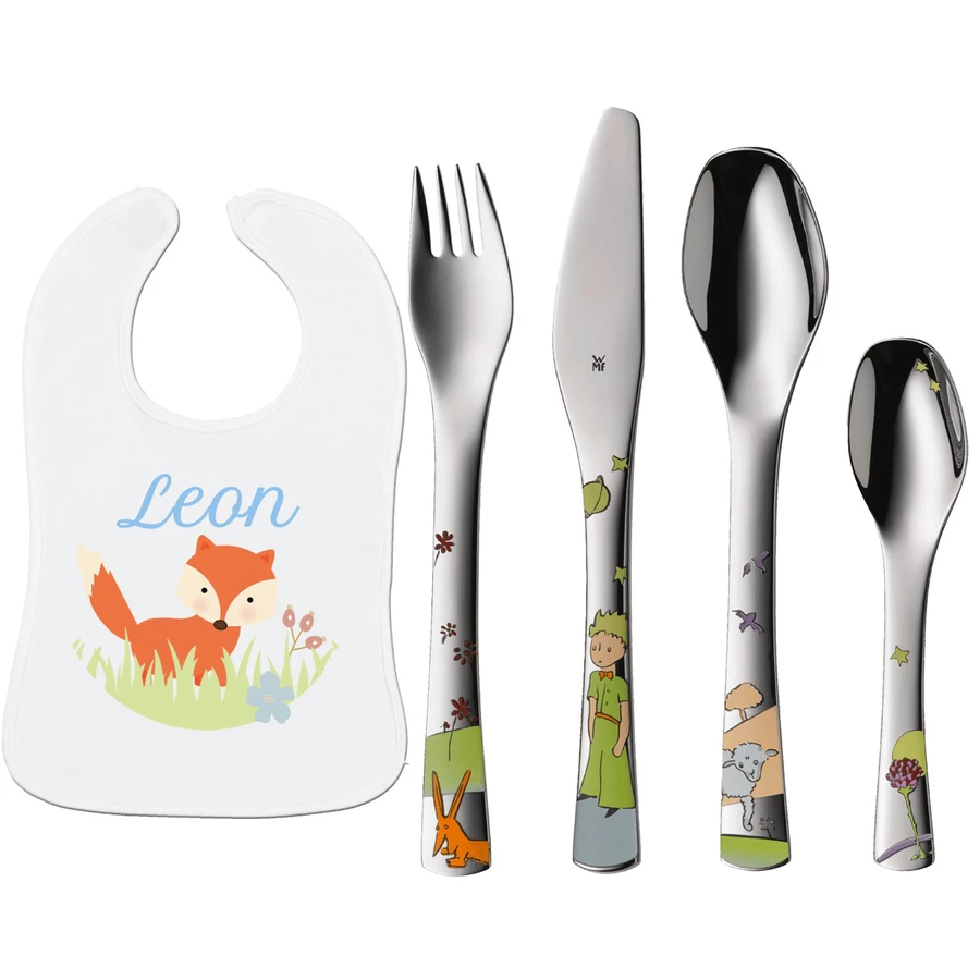 Schnullireich Geschenkset mit Namen WMF Kinderbesteck Kleiner Prinz + Lätzchen Fuchs Silber